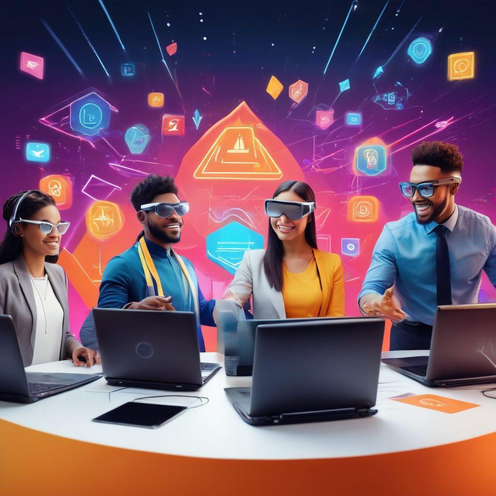 A diverse group of professionals engaged in digital learning, surrounded by laptops, interactive screens, and virtual reality headsets, showcasing a vibrant environment of empowerment and growth. Include symbols of career advancement like upward arrows and certificates floating in the background. Bright, inspiring colors to evoke positivity and motivation. 3D elements for depth and realism.