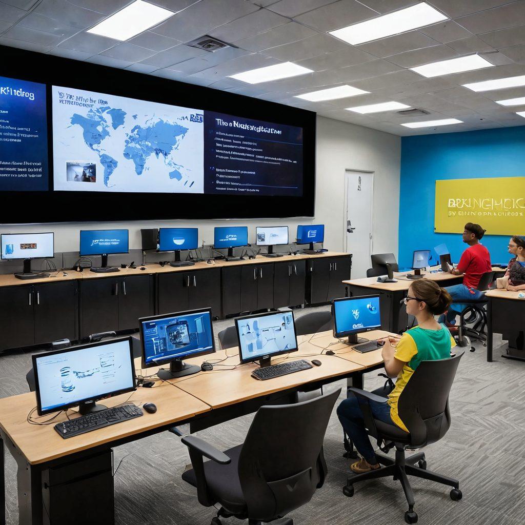 An inspiring scene depicting a modern classroom inside the Washington Advanced Computing Technology Center, filled with diverse students engaged with advanced technology like VR headsets and robotics. Include a large digital screen displaying the words 'Bridging the Skills Gap' and an atmosphere of collaboration and innovation. Bright, welcoming colors and contemporary design elements to reflect the tech-forward education approach. super-realistic. vibrant colors. white background.