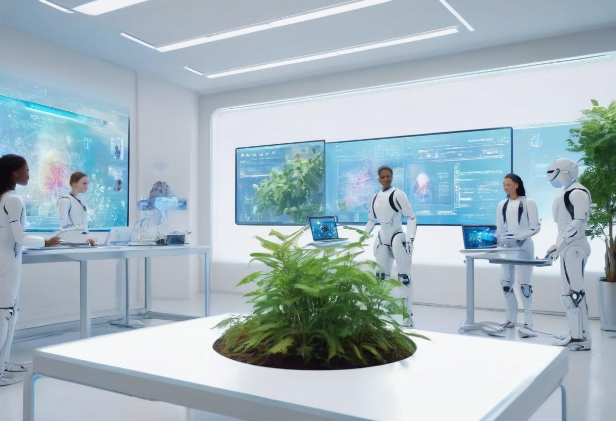 A futuristic classroom showcasing diverse individuals engaged in advanced technology learning, with holographic displays, robots assisting students, and digital interfaces. The scene conveys empowerment and innovation, with bright, inspiring colors and symbols of growth like plants or light bulbs in the background. super-realistic. vibrant colors. white background.